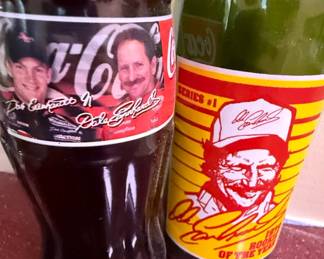 Dr. Pepper Straw Holder, Dale Earnhardt CocaCola Bottle, Dale Earnhardt Sun Drop Bottle, and Billy Beer Can Lighter