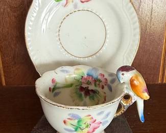 Hand Painted Japan MT Teacup and Saucer with Bird Figurine