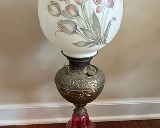 Victorian Gone With the Wind Style Oil Lamp with Floral Globe