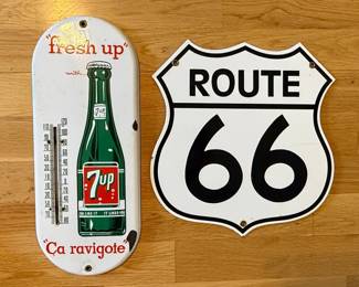 7Up Fresh Up Thermometer and Route 66 Metal Signs