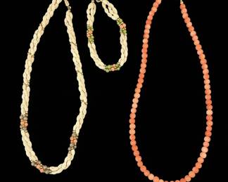 Coral Bead Necklace and Bracelet Set with Braided Seed Bead Necklace
