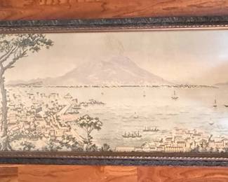 Antique Needlepoint Tapestry Depicting a Coastal Cityscape with Ships
