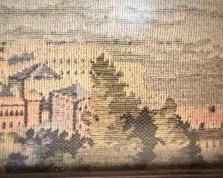 Antique Needlepoint Tapestry Depicting a Coastal Cityscape with Ships