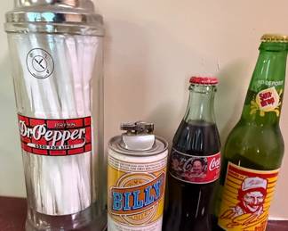 Dr. Pepper Straw Holder, Dale Earnhardt CocaCola Bottle, Dale Earnhardt Sun Drop Bottle, and Billy Beer Can Lighter