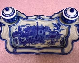 Victoria Ware Ironstone Blue Willow Pattern Inkwell and Tray Set