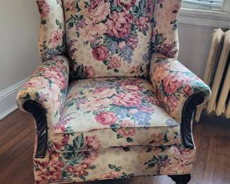 Floral Queen style wing back chair 