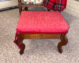 Vtg Carved Wood Upholstered Footstool!