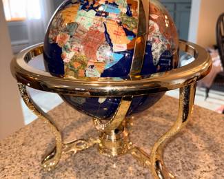 Vtg Lapis Lazuli Mixed Gemstone Globe on Brass Stand!