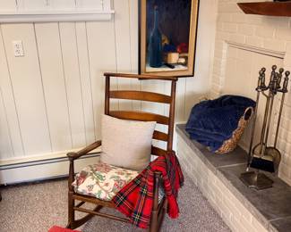 Vtg Carved Wood Upholstered Footstool, The Buckeye Furniture Co Vtg Shaker Style Rocking Chair w/Cushion, Highland Home Industries Scotland 100% Wood Blanket!