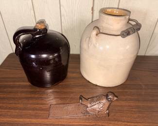 Cast Iron Bird Door Stop, Antique Stoneware Brown Jug, Antique Stoneware Crock W/Metal Handle!