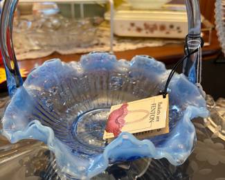 Blue Opalescent Fenton Ruffle Basket 