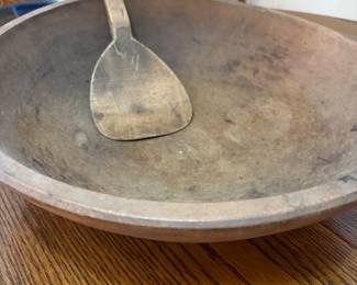 Antique Primitive Hand Hewn Wood Dough Bowl with wooden spatula 