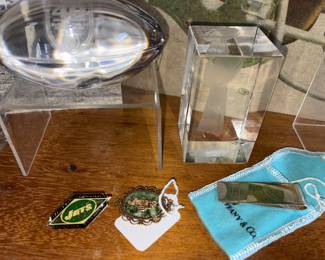 Tiffany Crystal paperweights and engraved sterling money clip