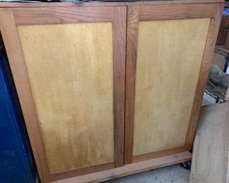 #43	hand made wood cabinet with shelf with glass pieces 49x18x46	 $75.00 
