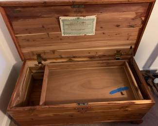#129	cedar chest with tray copper décor  36x18x15	 $75.00 
