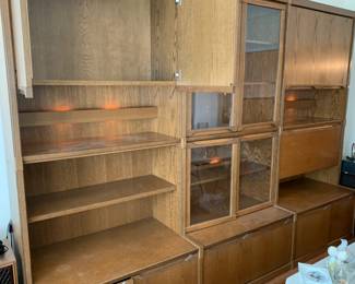 #6	lighted 3 piece german shrunk cabinet 14 doors 1 flip down door bar shelves 120x25x88	 $175.00 
