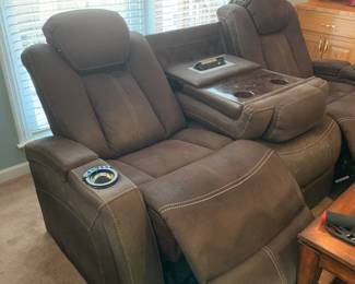 #48	2 seat love seat recliner with plugs cup holders micro fiber as is finish 90 long	 $120.00 
