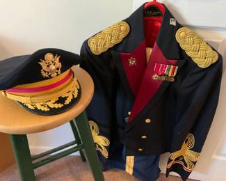 #98	army dress  blue coat, pants, hat  with dress metals 	 $40.00 
