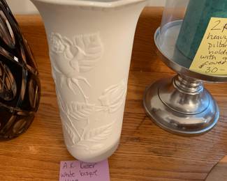 #142	A.K. Kaiser white Bisque Vase - "Rosengarten" Pattern - 9.25 Tall x 5W	 $25.00 
