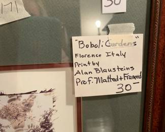 #171	"Boboli Gardens" Florence Iraly Prin by Alan Blausteins - Prof. Matted & Framed - 21x21	 $30.00 
