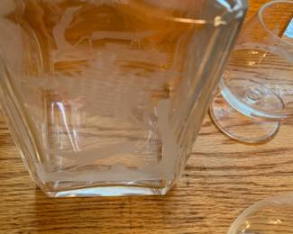 #136	Vtg. German Forest Scene whiskey Decanter & 5 matching Etched Glasses	 $125.00 
