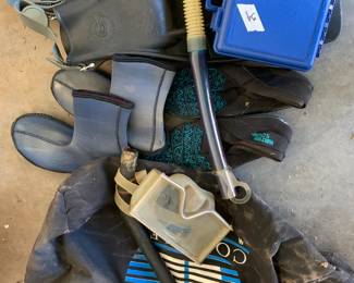 #34	DIVE misc. mask , fins, shoes, snorkle, box in bag	 $30.00 
