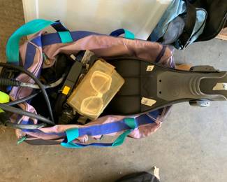#34	DIVE misc. mask , fins, shoes, snorkle, box in bag	 $30.00 
