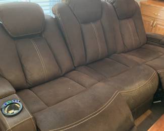 #48	2 seat love seat recliner with plugs cup holders micro fiber as is finish 90 long	 $120.00 
