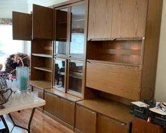 #6	lighted 3 piece german shrunk cabinet 14 doors 1 flip down door bar shelves 120x25x88	 $175.00 
