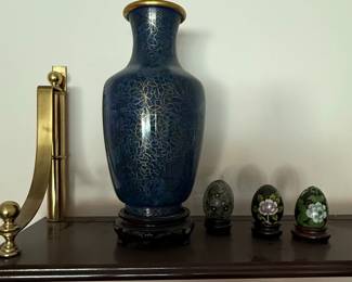 Blue Cloisonn Vase with Decorative Eggs