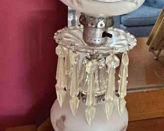 Vintage Frosted Glass Boudoir Lamp with Crystal Prisms