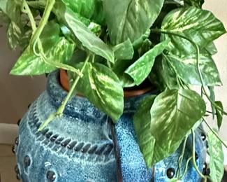 Blue Ceramic Planter with Marble Queen Pothos Plant