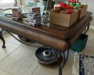 Vintage Wicker and Metal Console Table with Glass Top