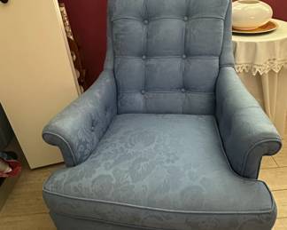 Vintage Blue Brocade Upholstered Wingback Armchair second image