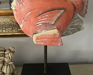 HandPainted Wooden Fish Sculpture on Stand