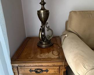 Vintage Oak Nightstand with Ornate Brass Lamp