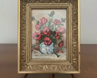 Vintage Makov cvet u plavoj vazi Needlepoint Gobelin