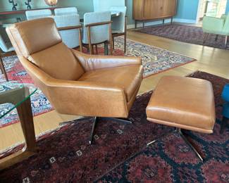 West Elm Austin chestnut leather swivel chair and ottoman