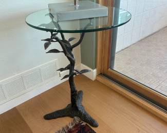 1970s Willy Daro bronze accent table (tree, bird, frog)