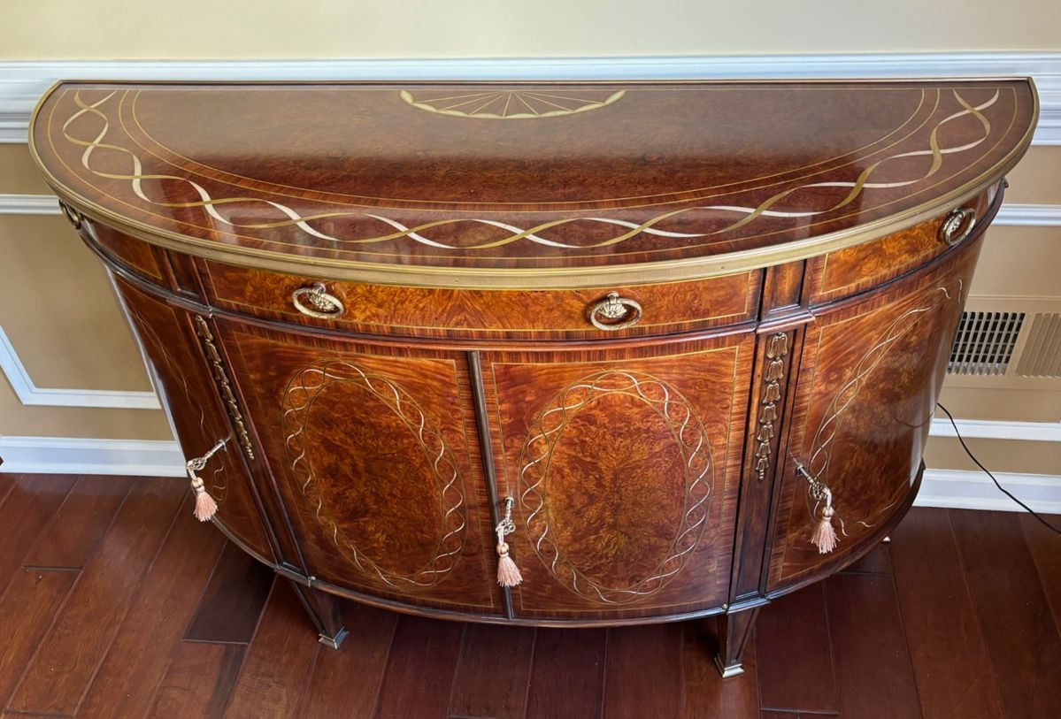 25. Theodore Alexander Demilune Cabinet w/ Mother of Pearl Inlay (54" x 18" x 35")
