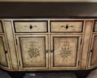 118. Painted Two Tone Floral Console w/ 2 Drawers 2 Side Doors and 2 Front Doors (53" x 18" x 32")