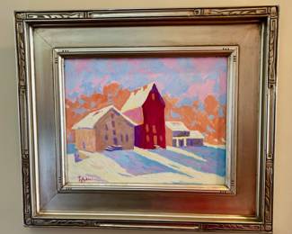 69. Signed Oil on Wood, Buildings on Snowy Day (21" x 18")