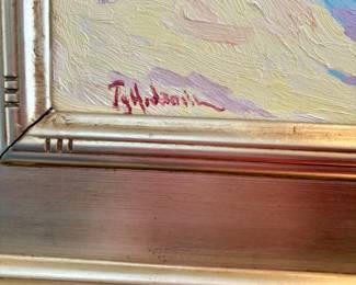 69. Signed Oil on Wood, Buildings on Snowy Day (21" x 18")