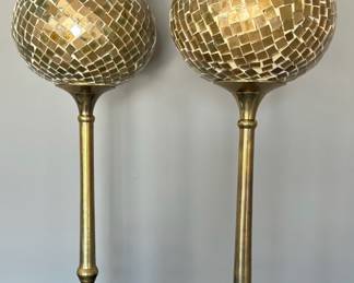 97. Pair of Brass Mosaic Glass Top Candle Holders (19.5") 