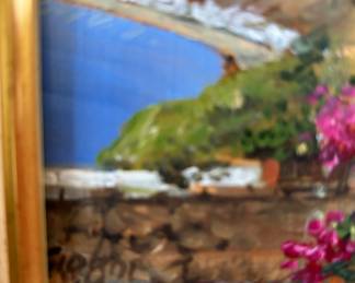 5. Signed Oil on Wood of Lamp Post by Mountain (9" x 11")