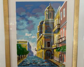 34. Signed Street Scene Matted Gold Frame (14.5" x 16")