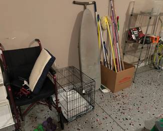 SMALL DOG CRATE, MOPS, SHELVING, NEW WHEELCHAIR