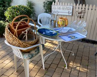 Outdoor table, chairs, baskets, trays