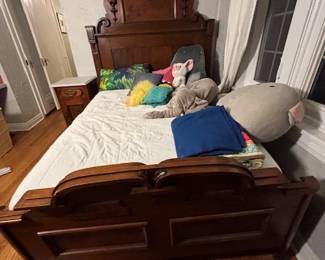 1863 Honeymoon Bedroom suite including bed with seven foot headboard, night stand with marble top, and vanity with mirror with marble tops.  Beautiful details and maple burl feature panels.  Continuously held in Wadsworth family, used through today. 