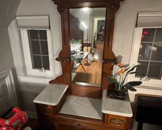 1863 Honeymoon Bedroom suite including bed with seven foot headboard, night stand with marble top, and vanity with mirror with marble tops.  Beautiful details and maple burl feature panels.  Continuously held in Wadsworth family, used through today. 